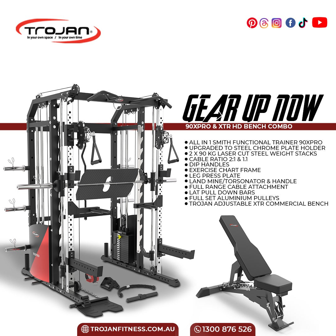 All in One Trainer 90XPRO Smith Functional Trainer 1:1 & 2:1 Cable Ratio + Leg Press + XTR Bench